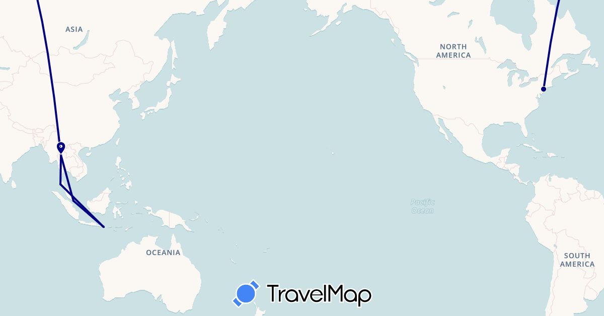 TravelMap itinerary: driving in Indonesia, Singapore, Thailand, United States (Asia, North America)